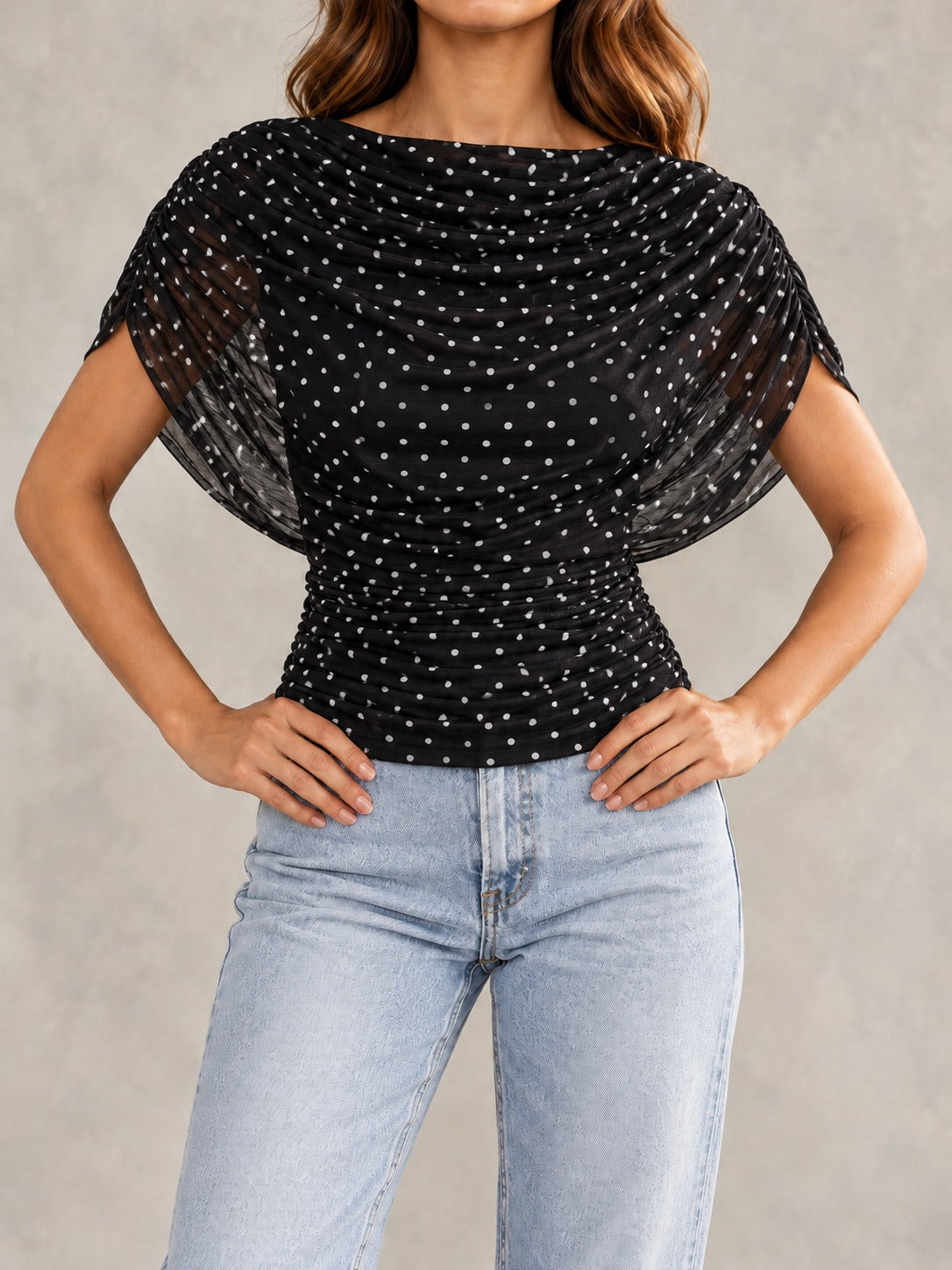 Crinkle Tie-Neck Blouse in Black Wave Dot, styled on model