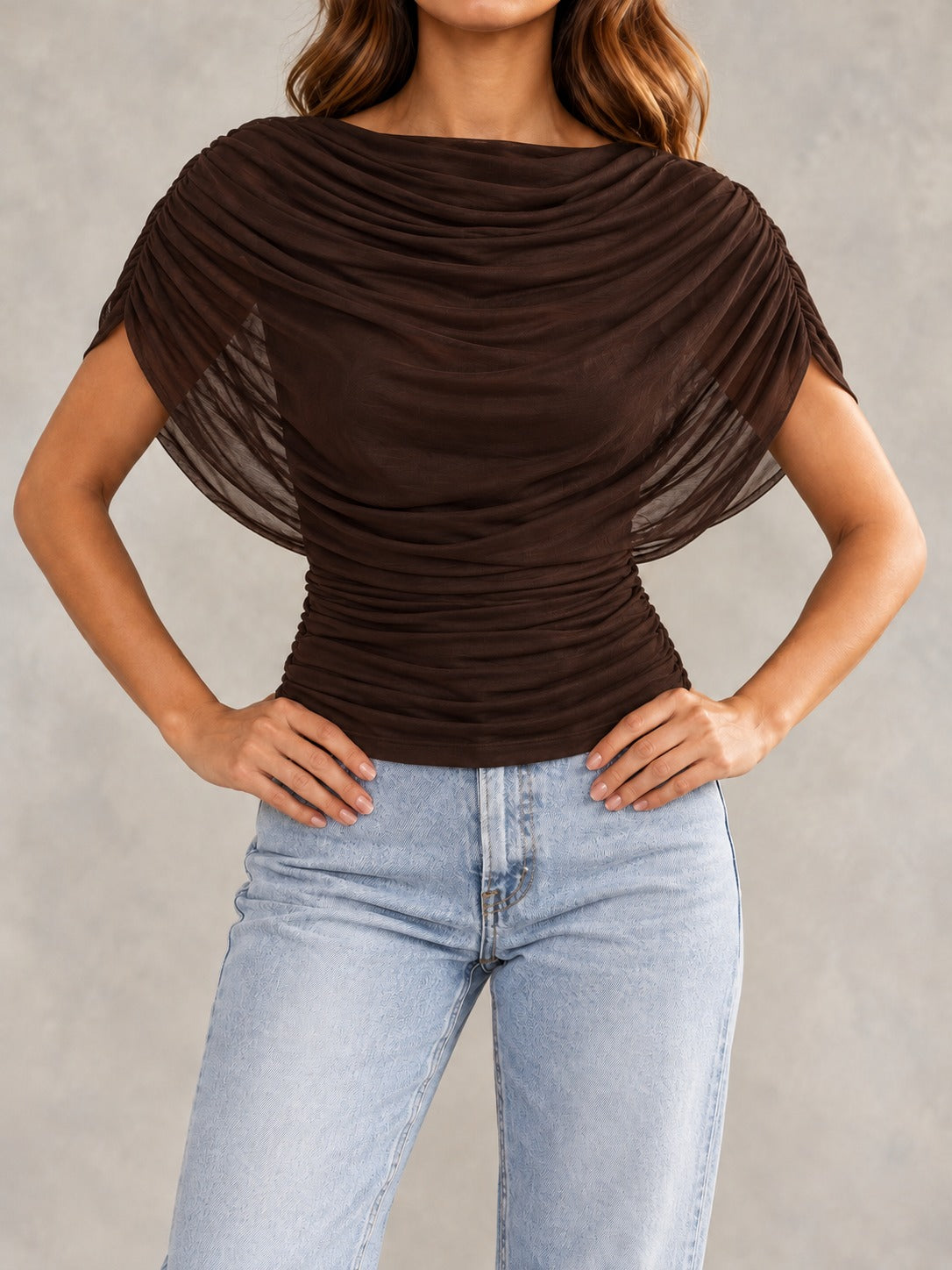 Crinkle Tie-Neck Blouse in Brown, styled on model