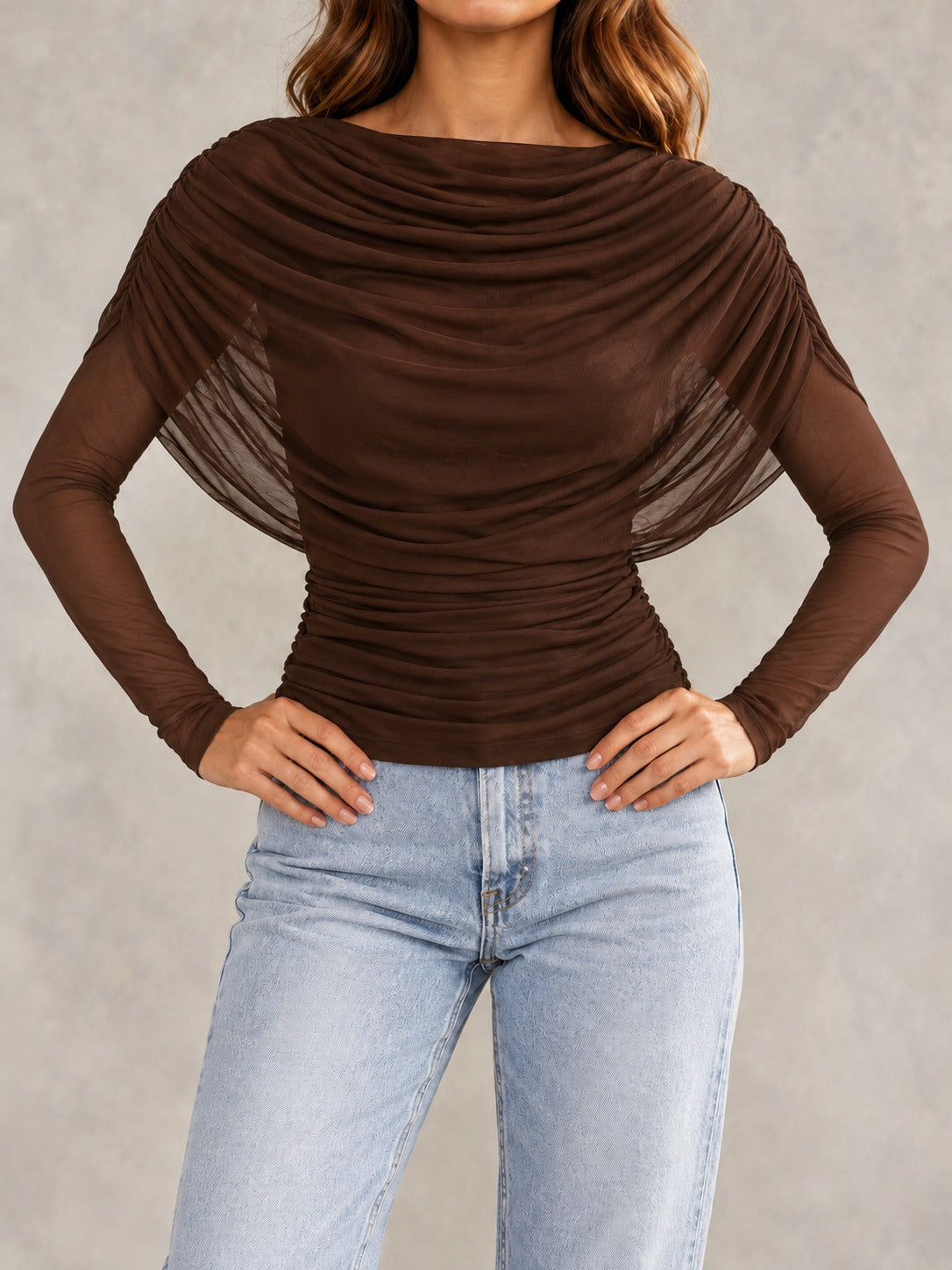 Crinkle Tie-Neck Blouse in Brown (Long Sleeve), styled on model