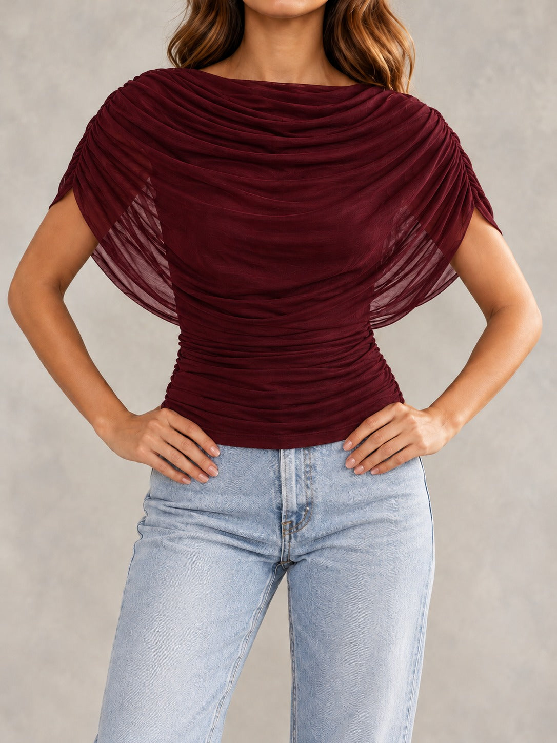 Crinkle Tie-Neck Blouse in Burgundy, styled on model