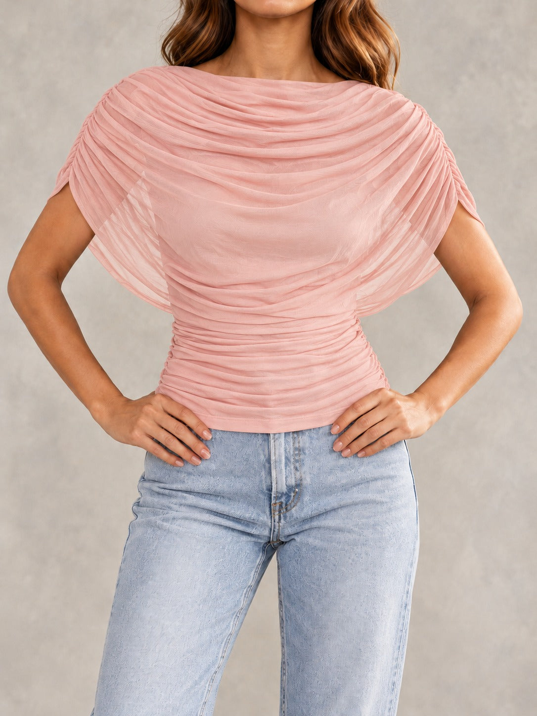 Crinkle Tie-Neck Blouse in Pink, styled on model