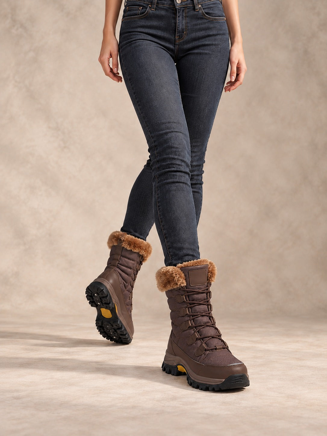 Faux Fur Lined Lace-Up Winter Boots in Brown (Style A), styled on model