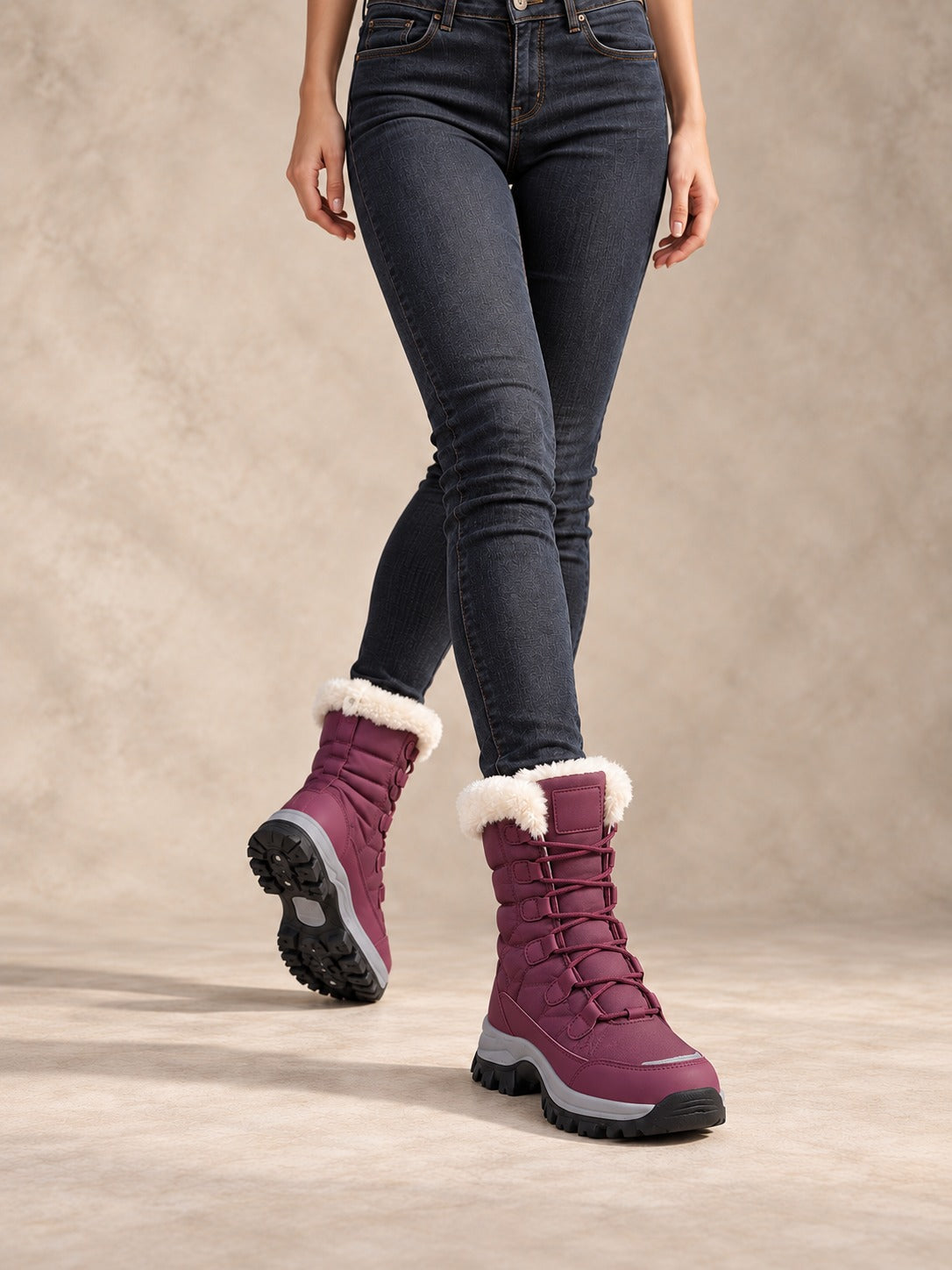 Faux Fur Lined Lace-Up Winter Boots in Purple (Style A), styled on model