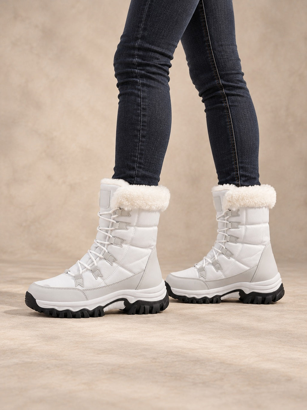 Faux Fur Lined Lace-Up Winter Boots in White (Style A), side view