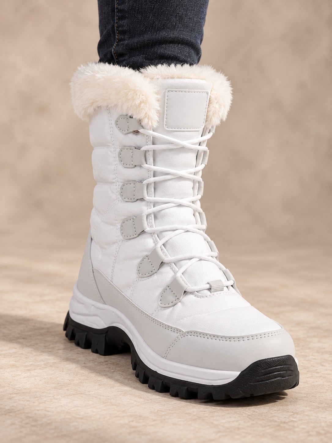 Faux Fur Lined Lace-Up Winter Boots in White (Style A), detail view