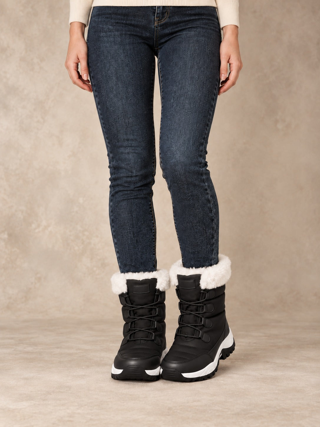 Faux Fur Lined Lace-Up Winter Boots in Black (Style B), styled on model