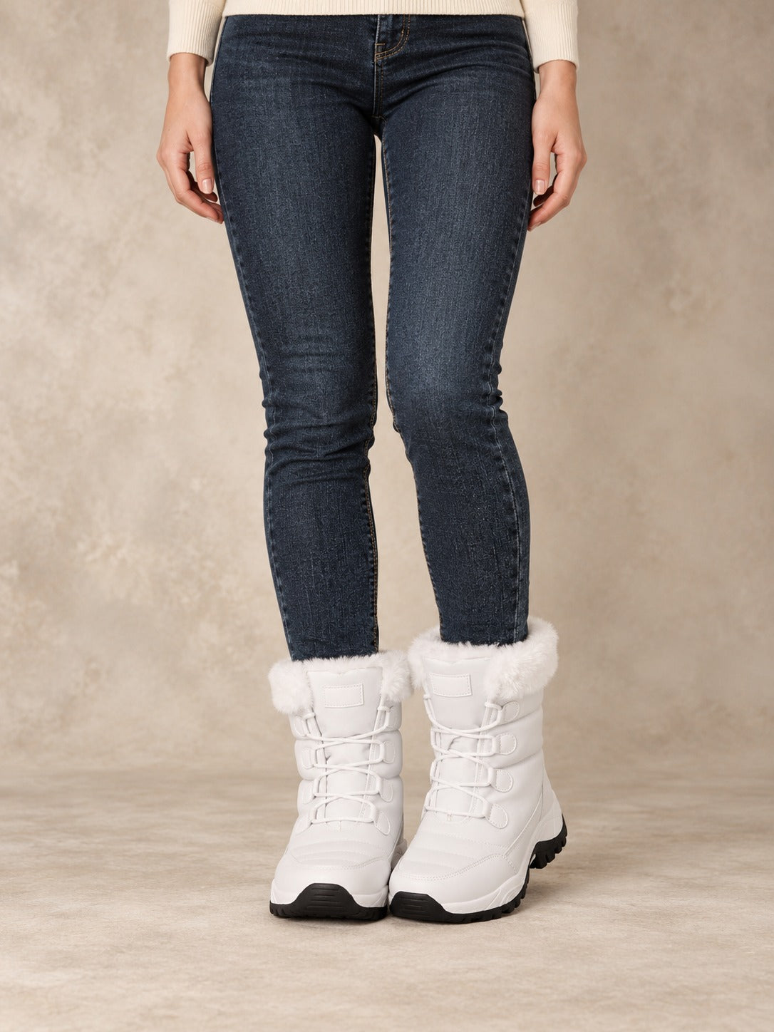 Faux Fur Lined Lace-Up Winter Boots in White (Style B), styled on model
