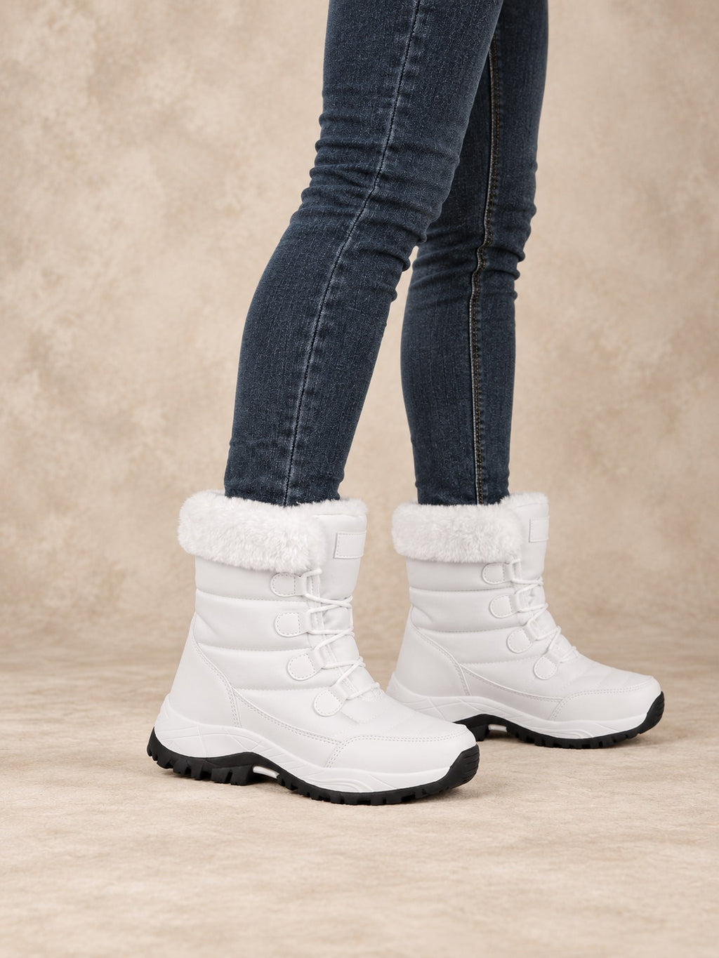 Faux Fur Lined Lace-Up Winter Boots in White (Style B), side view