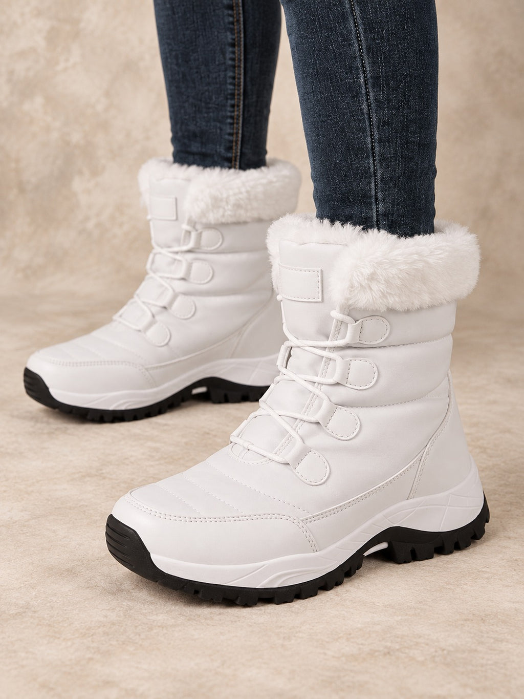 Faux Fur Lined Lace-Up Winter Boots in White (Style B), detail view