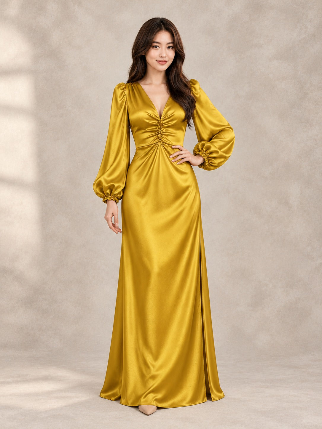 Gold Puff Sleeve Maxi Dress in Gold, front view