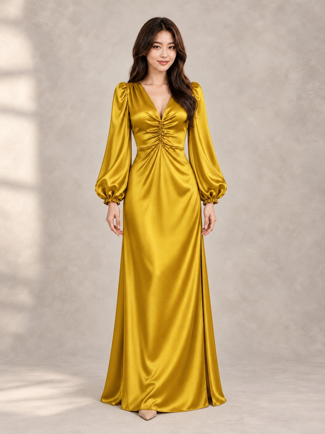 Gold Puff Sleeve Maxi Dress in Gold, full-length front view