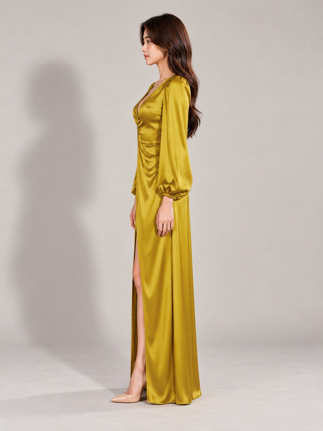 Gold Puff Sleeve Maxi Dress in Gold, side view