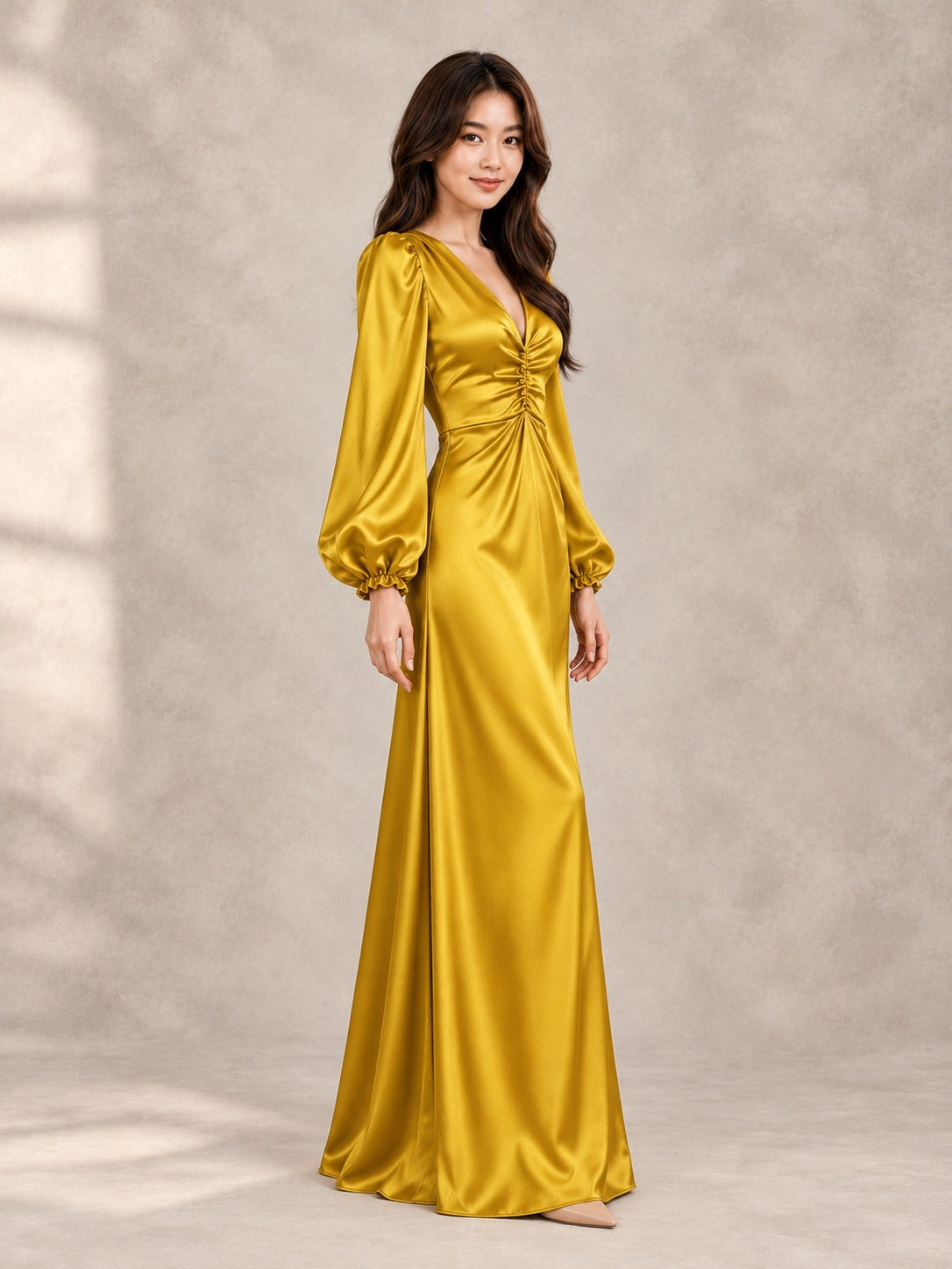 Gold Puff Sleeve Maxi Dress in Gold, side view
