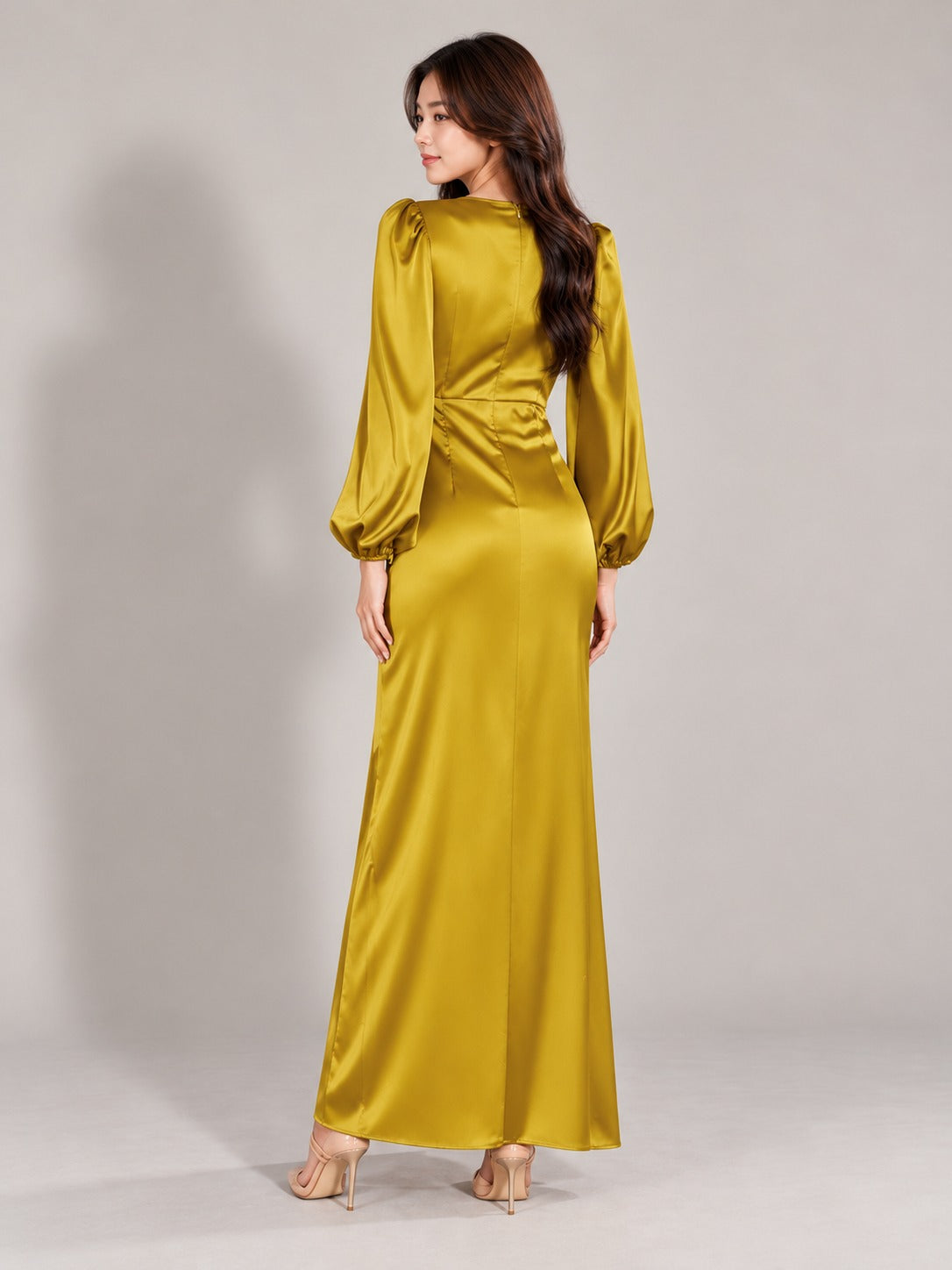 Gold Puff Sleeve Maxi Dress in Gold, back view