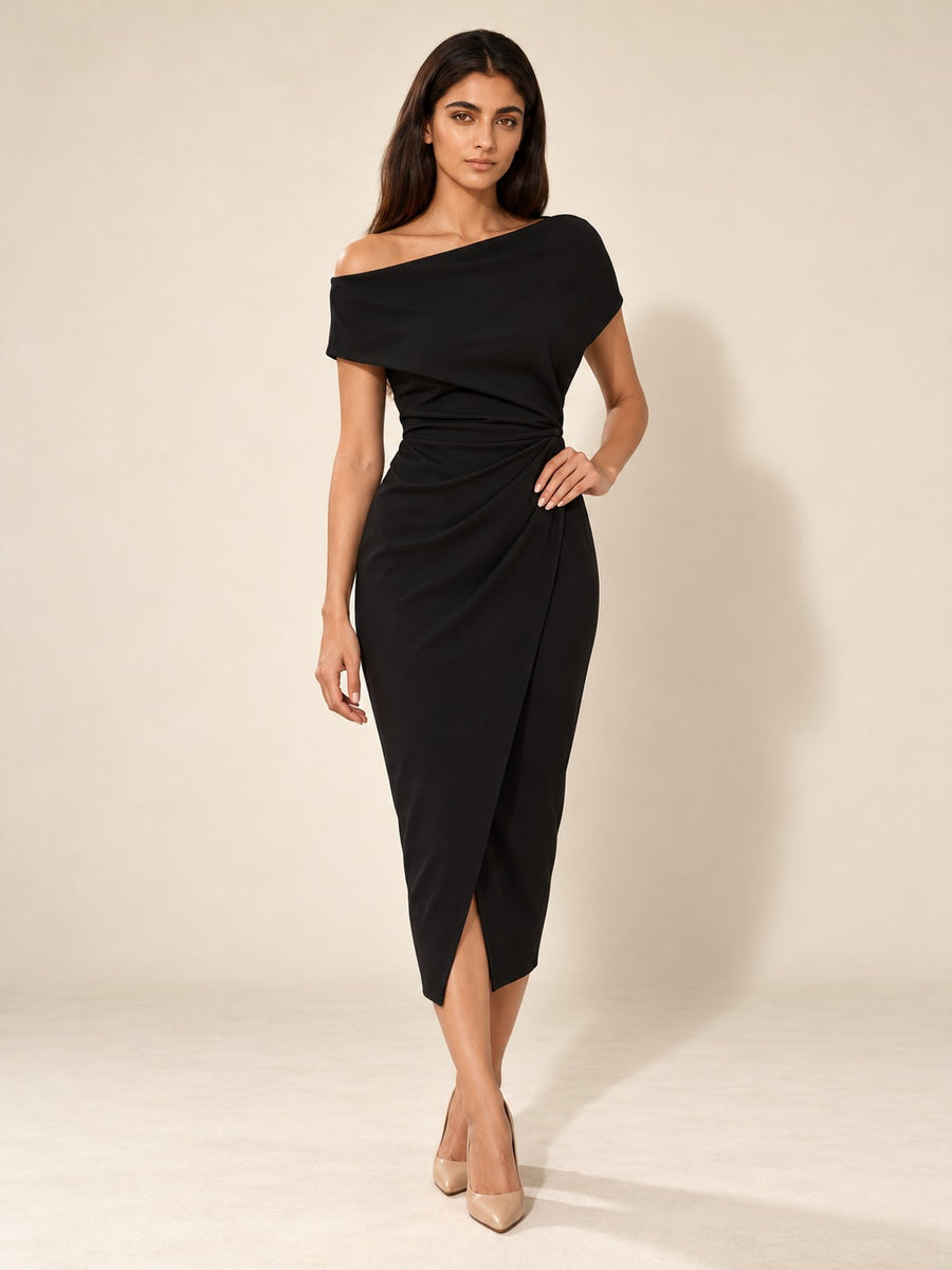 Ruched Knit Midi Dress in Black, front view