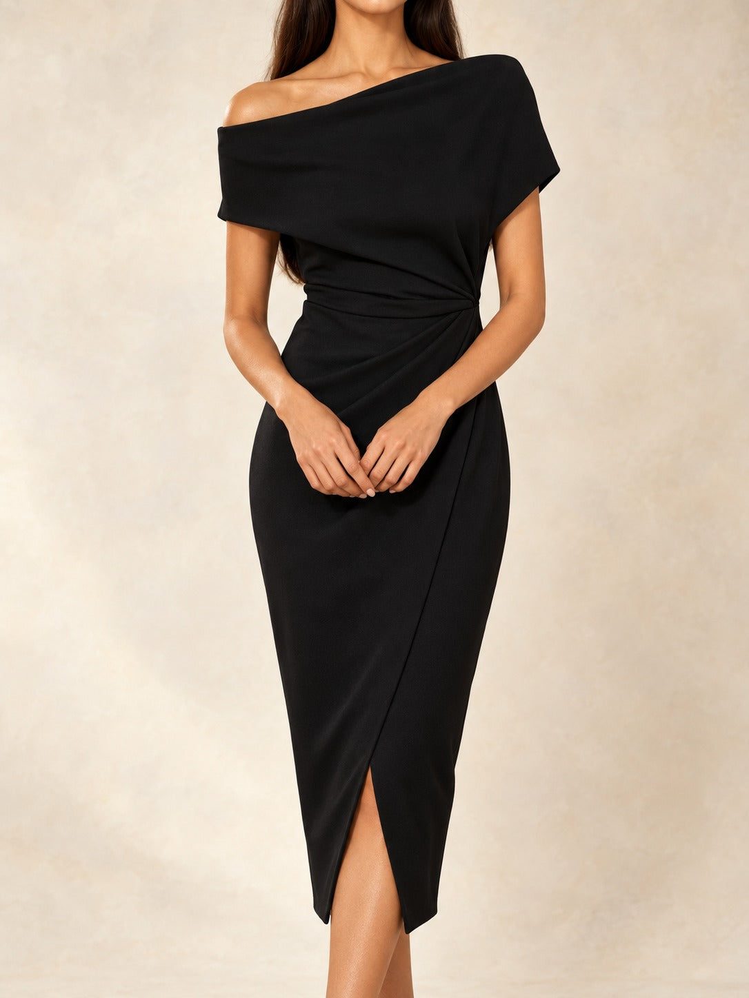 Ruched Knit Midi Dress in Black, front view