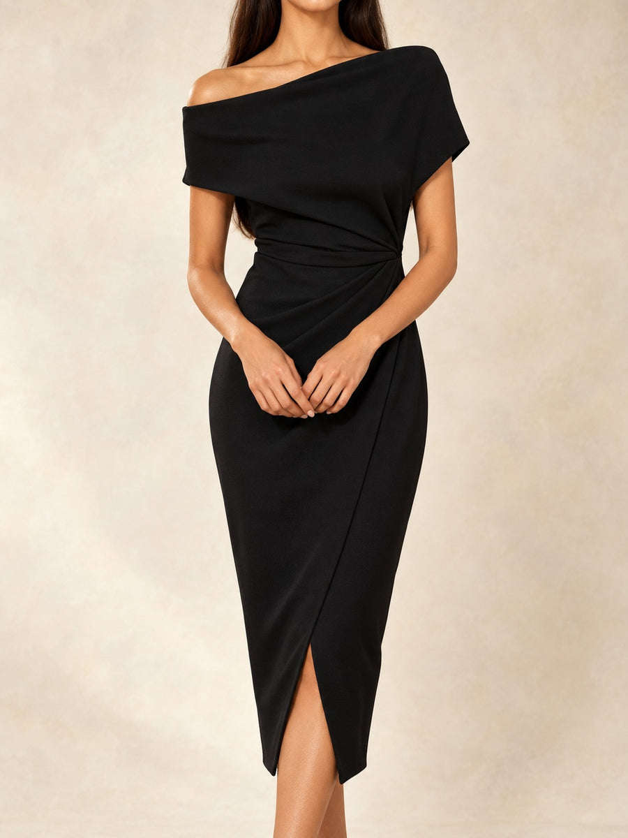 Ruched Knit Midi Dress in Black, front view