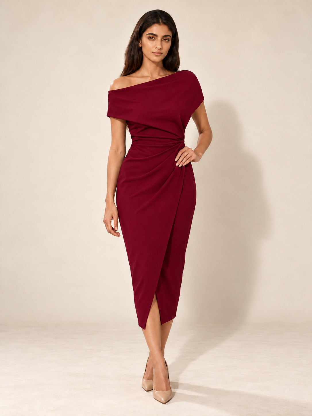 Ruched Knit Midi Dress in Burgundy, front view