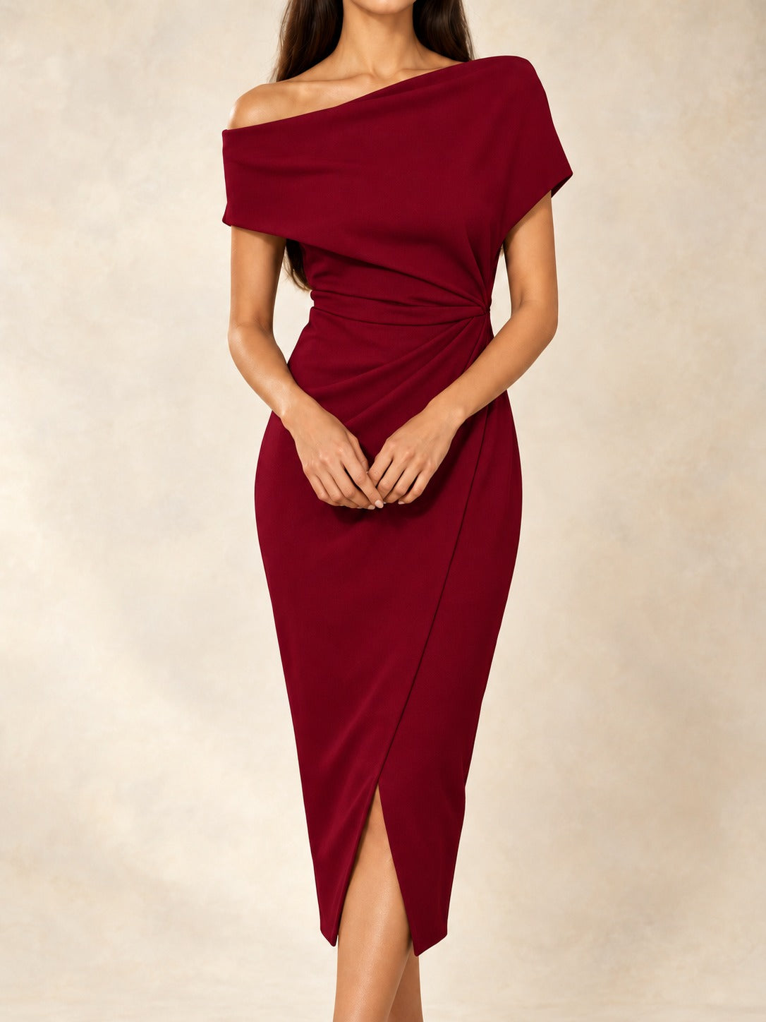 Ruched Knit Midi Dress in Burgundy, front view