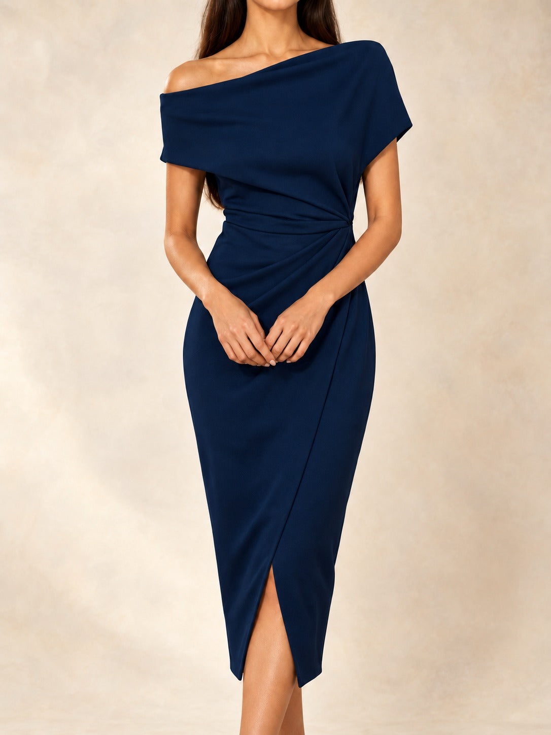 Ruched Knit Midi Dress in Navy Blue, front view