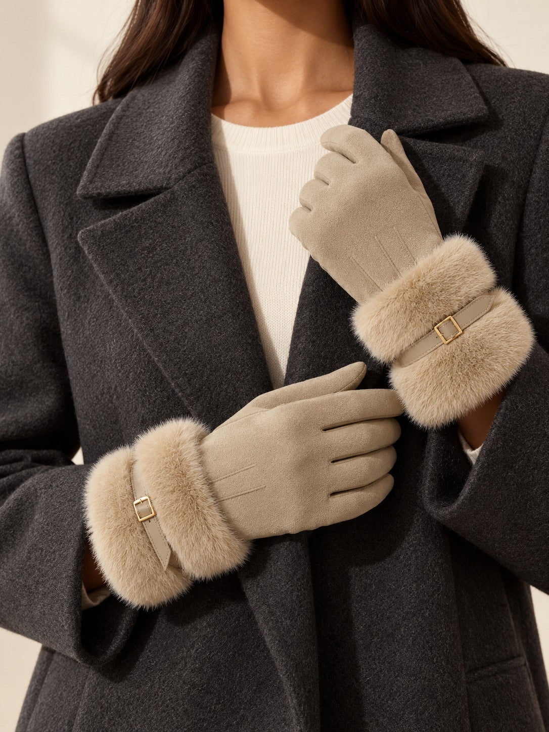 Faux Suede Touchscreen Gloves in Apricot, styled on model