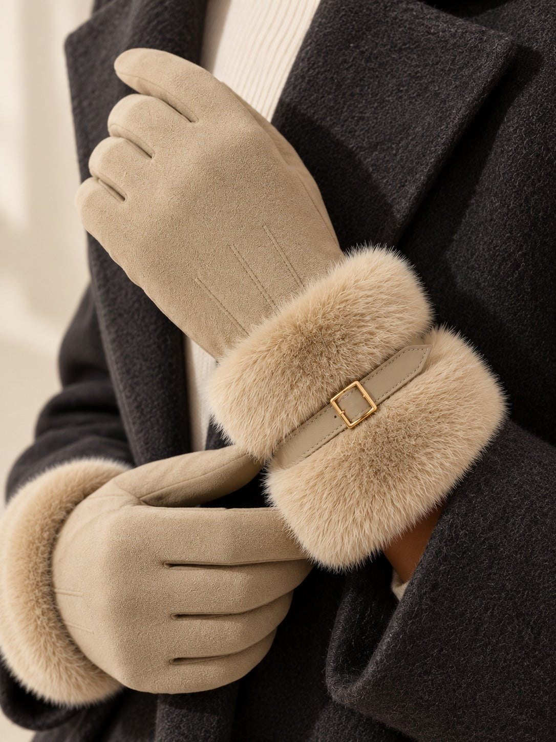 Faux Suede Touchscreen Gloves in Apricot, detail view