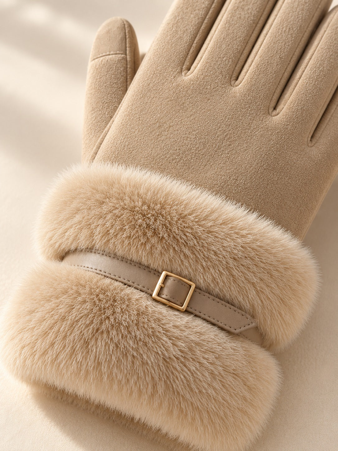 Faux Suede Touchscreen Gloves in Apricot, fabric close-up