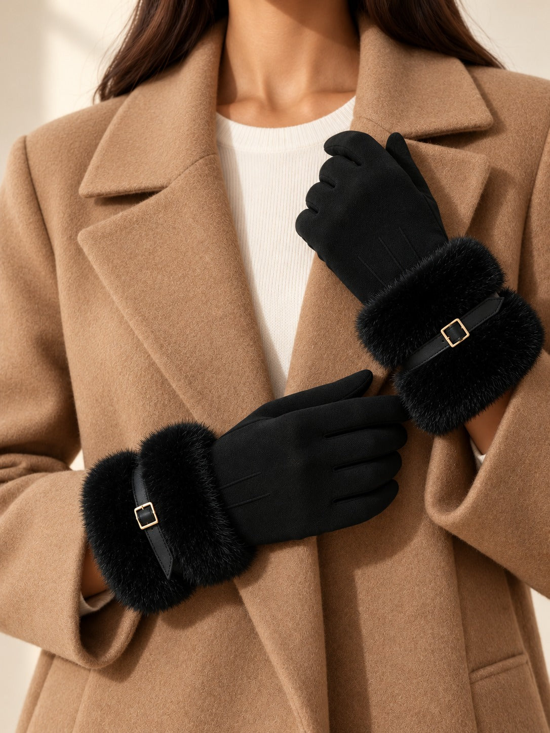 Faux Suede Touchscreen Gloves in Black, styled on model