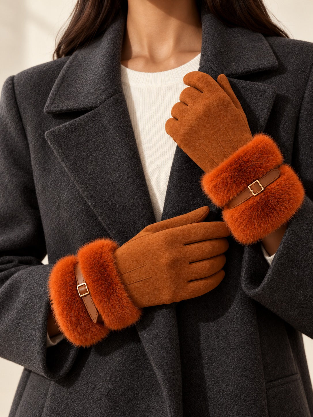 Faux Suede Touchscreen Gloves in Caramel, styled on model