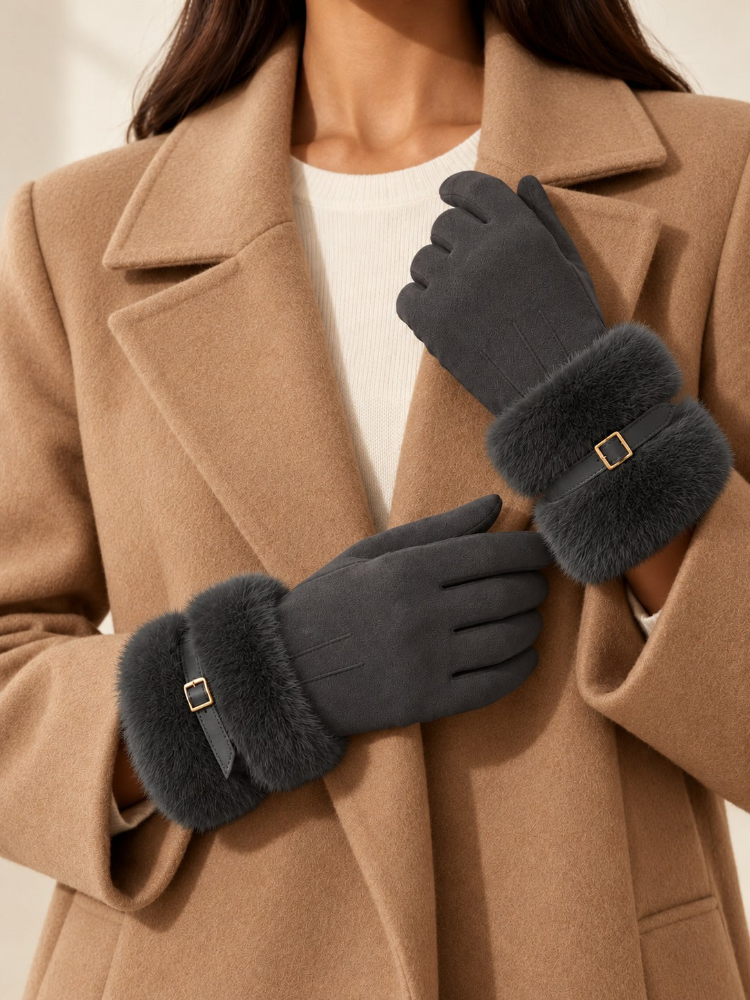 Faux Suede Touchscreen Gloves in Dark Gray, styled on model