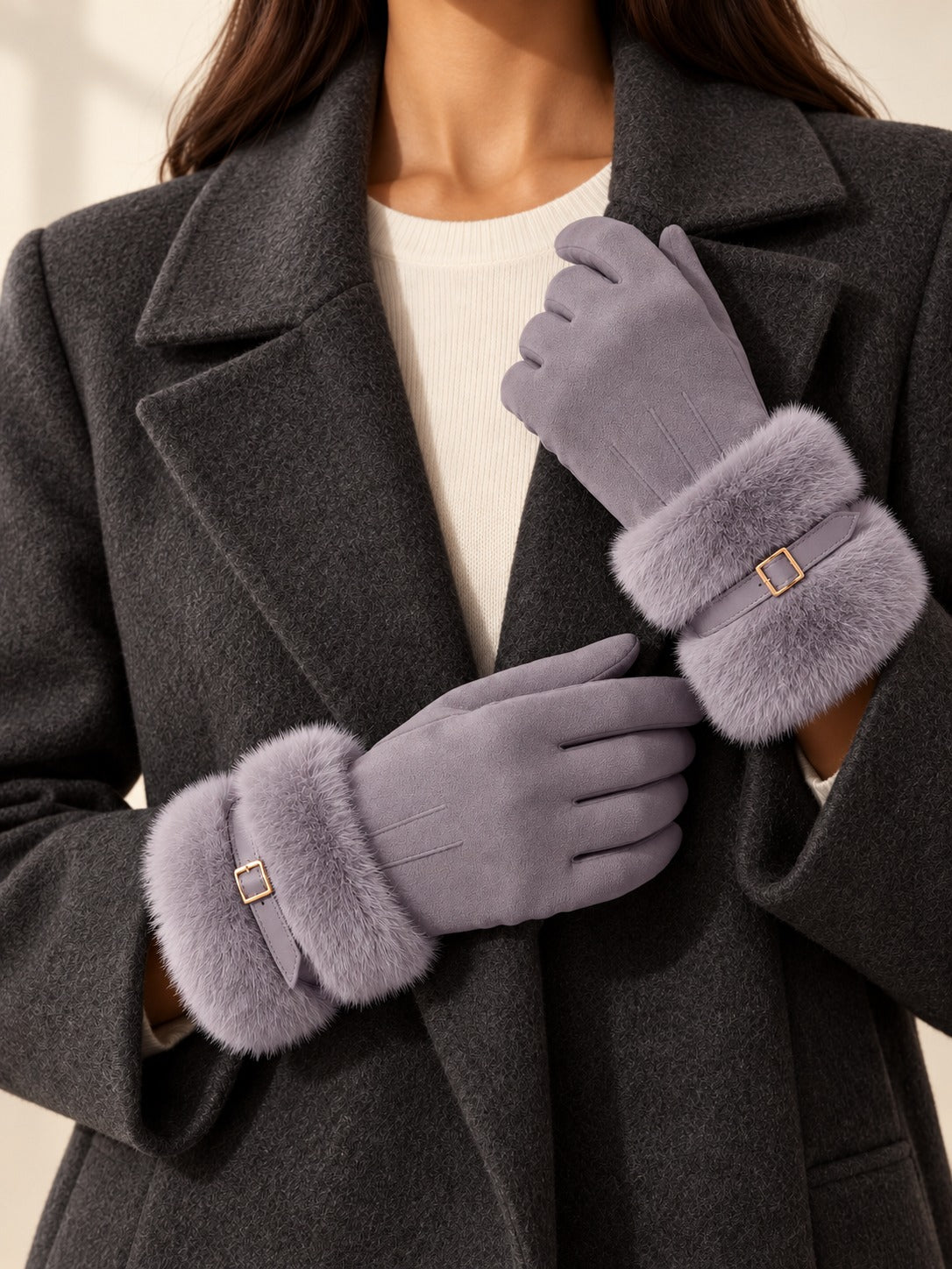 Faux Suede Touchscreen Gloves in Light Gray, styled on model