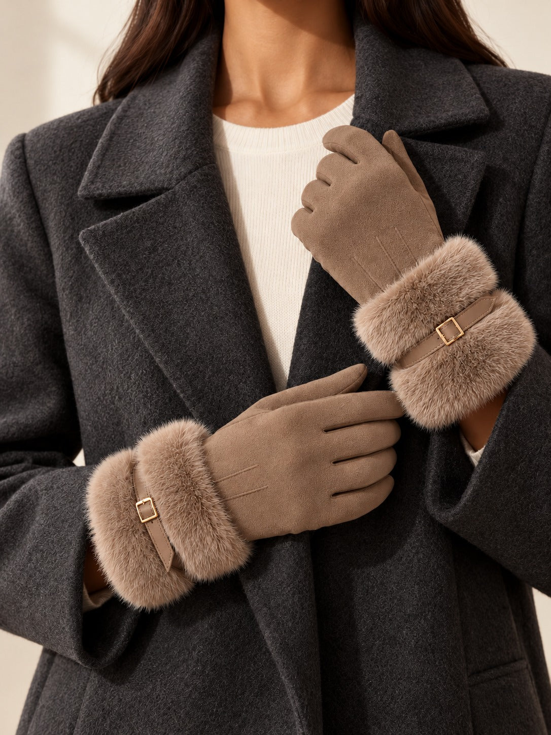 Faux Suede Touchscreen Gloves in Mocha, styled on model