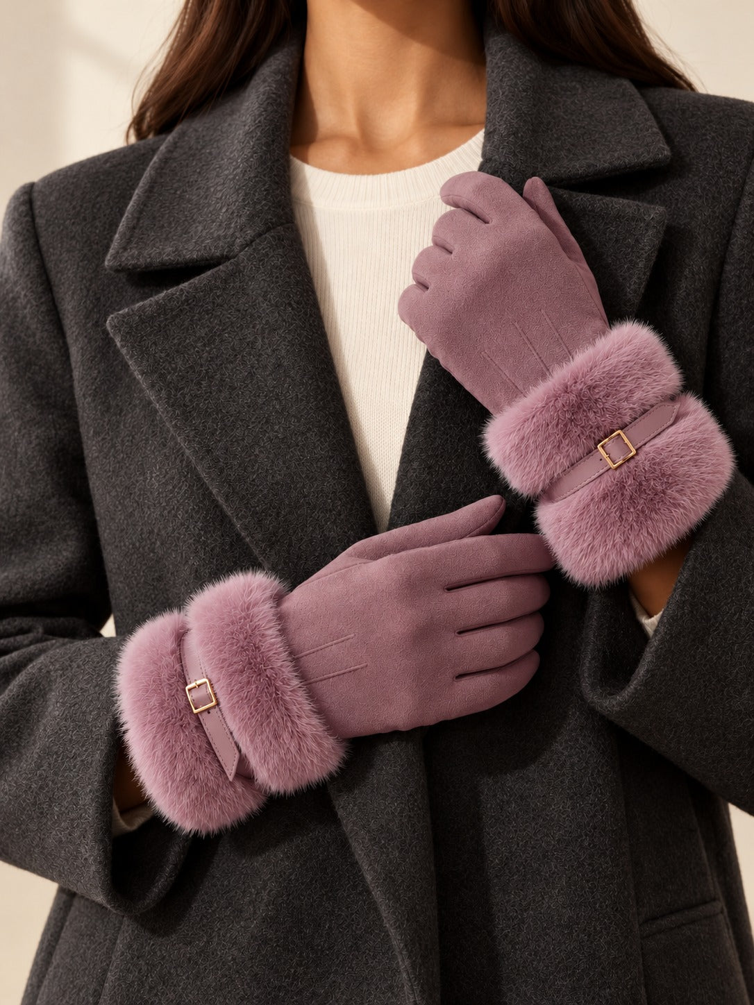 Faux Suede Touchscreen Gloves in Purple Pink, styled on model