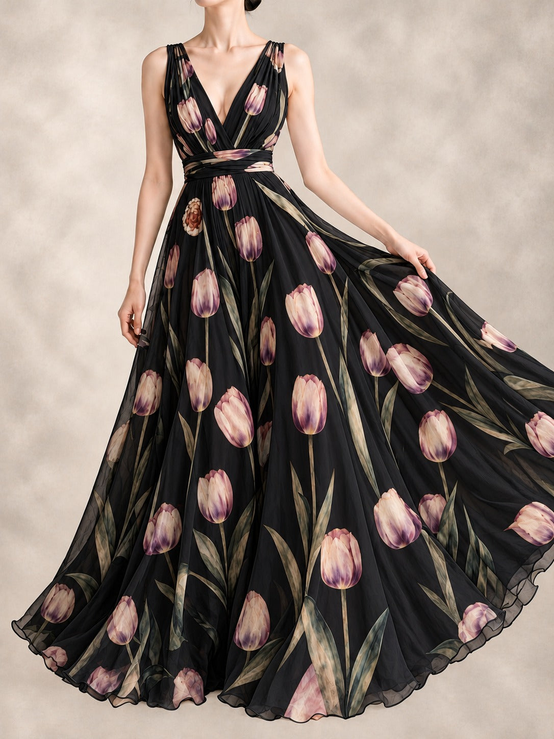 Floral Print Maxi Dress in Black, front view