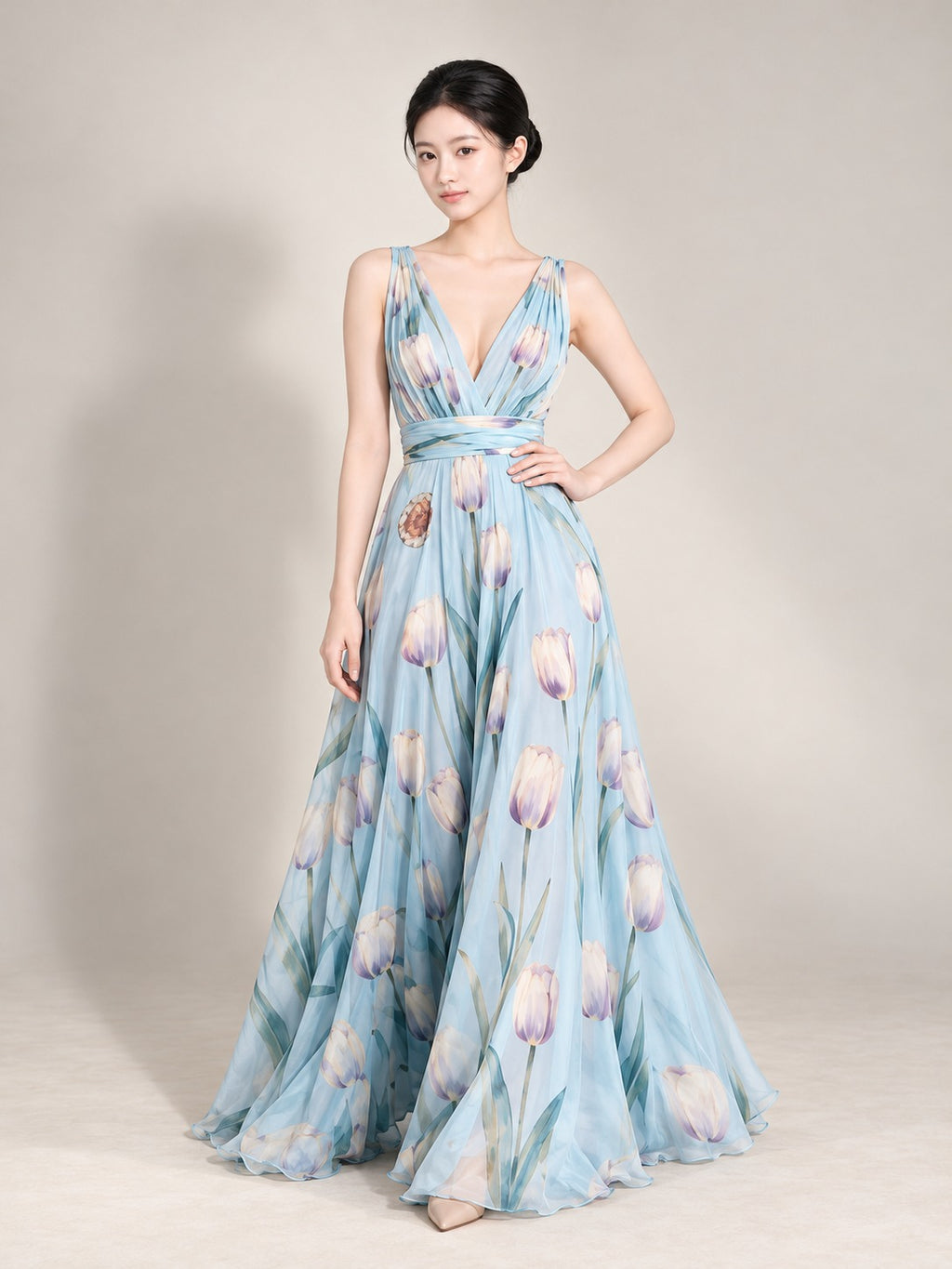 Floral Print Maxi Dress in Blue, front view