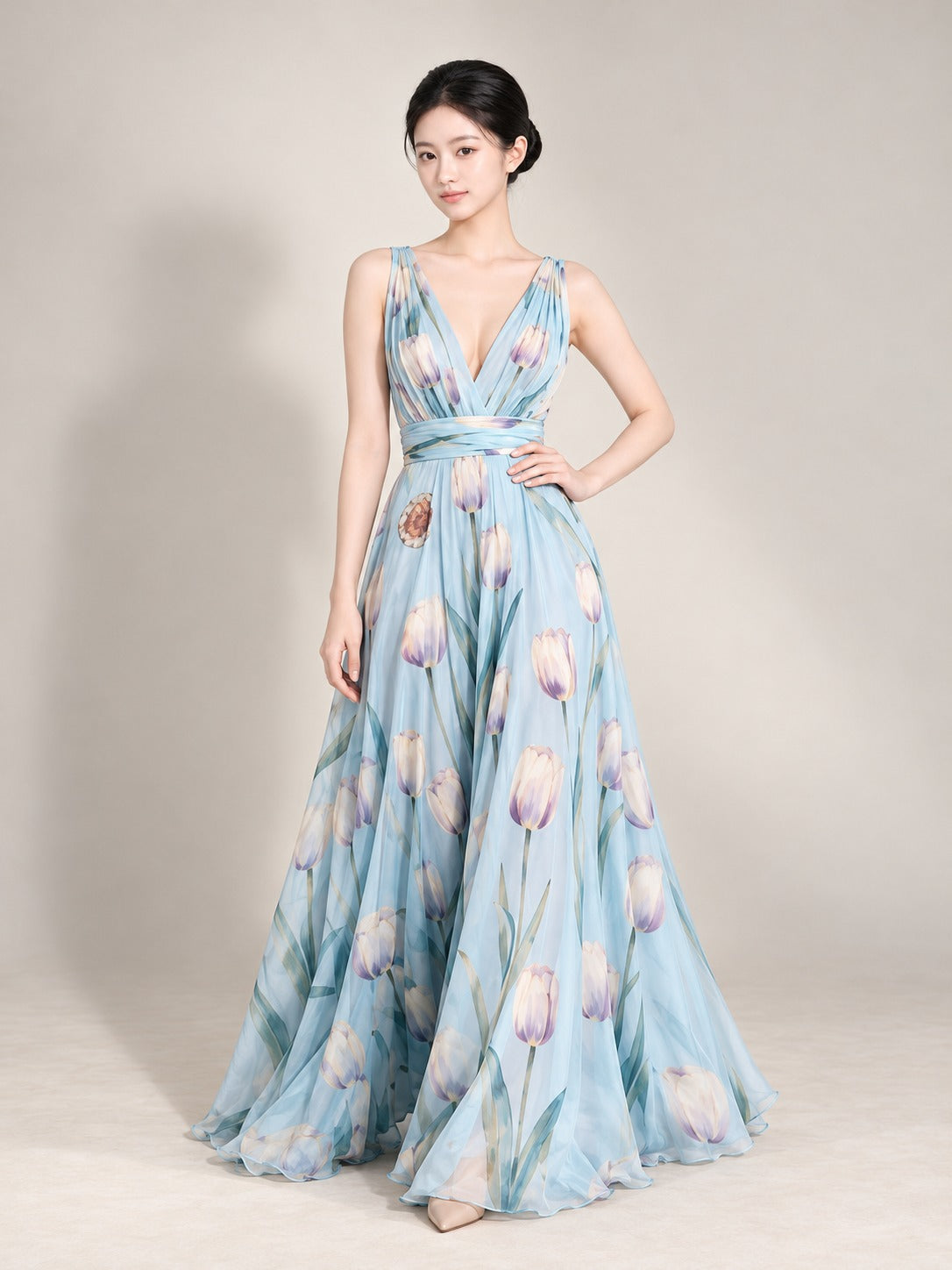 Floral Print Maxi Dress in Blue, front view