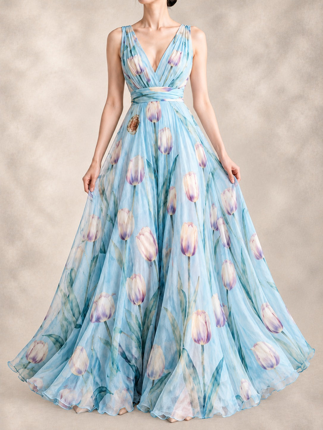 Floral Print Maxi Dress in Blue, full-length front view