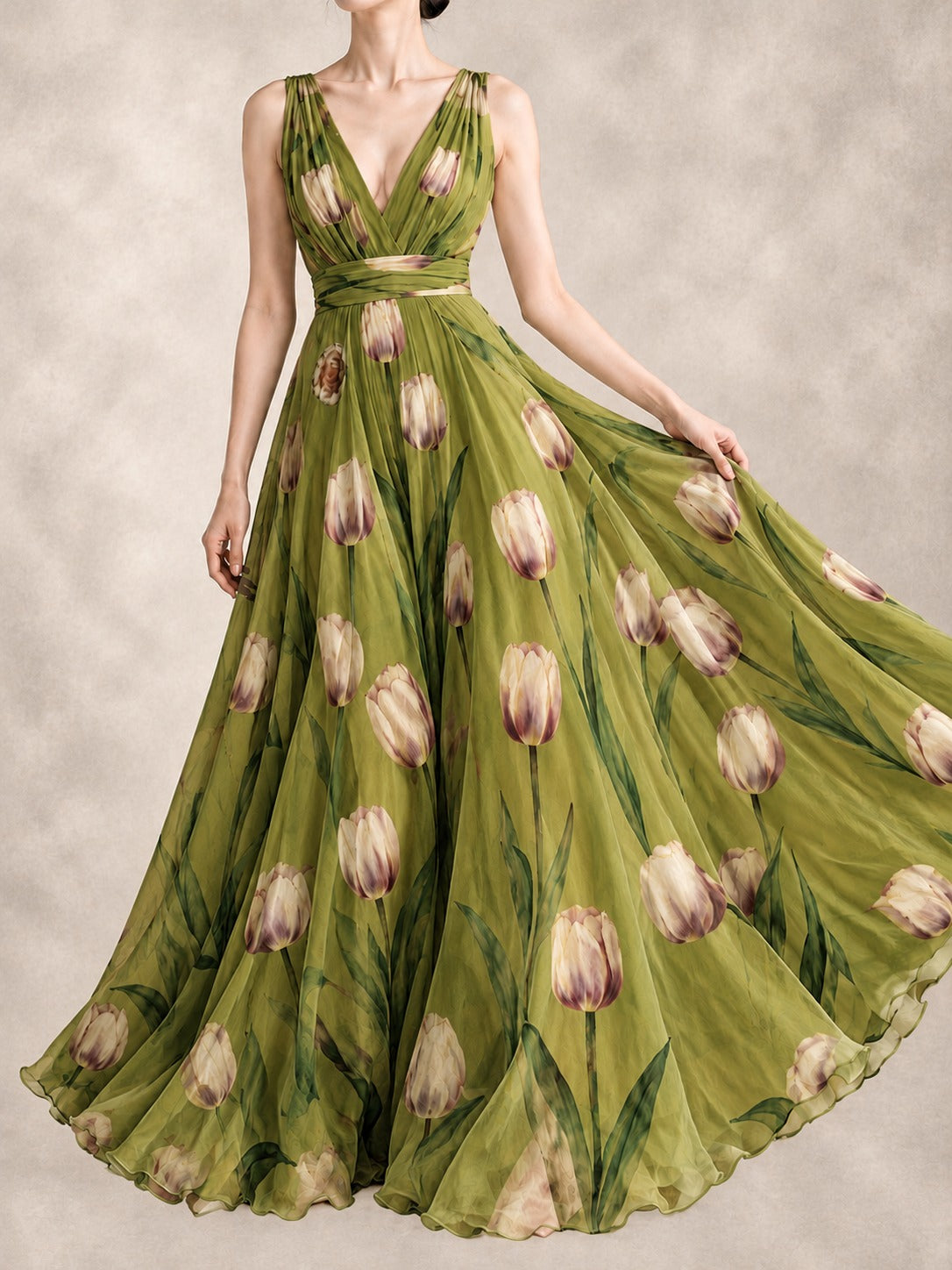 Floral Print Maxi Dress in Green, front view