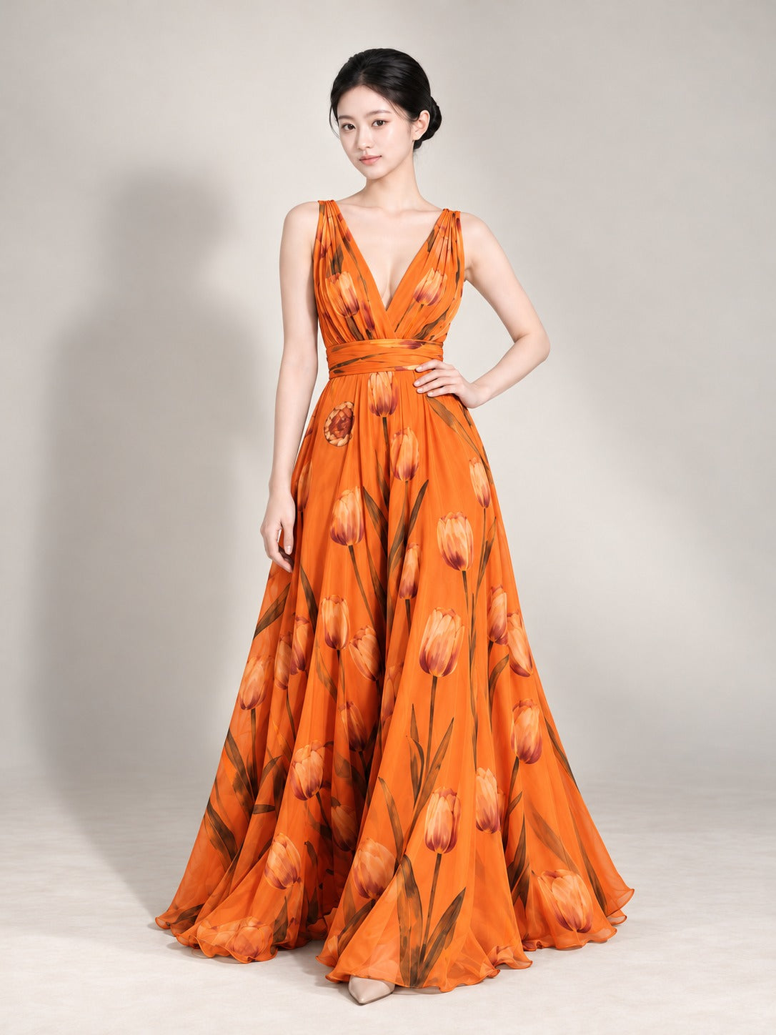 Floral Print Maxi Dress in Orange, front view