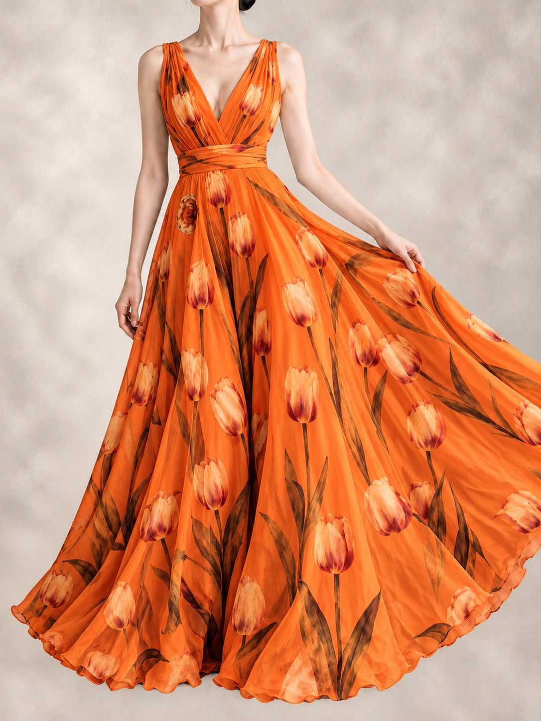Floral Print Maxi Dress in Orange, front view