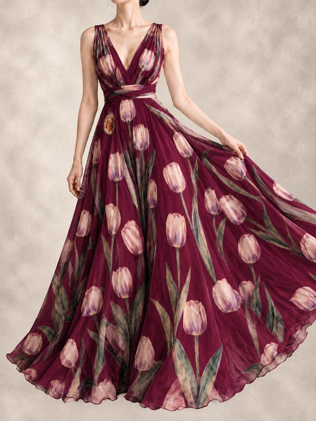 Floral Print Maxi Dress in Wine Red, front view