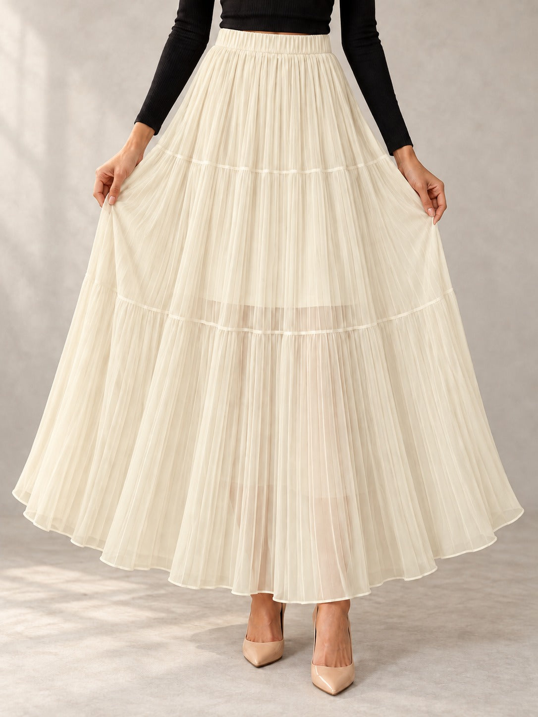 Sequin Knit Midi Skirt in Apricot, styled on model