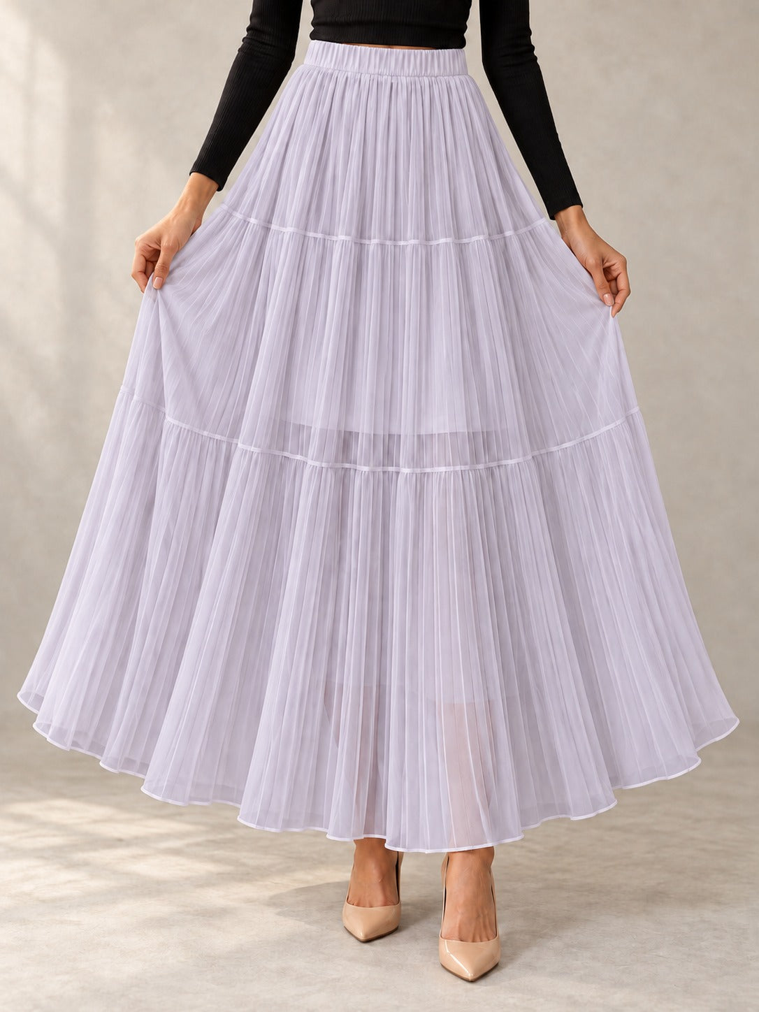 Sequin Knit Midi Skirt in Purple, styled on model