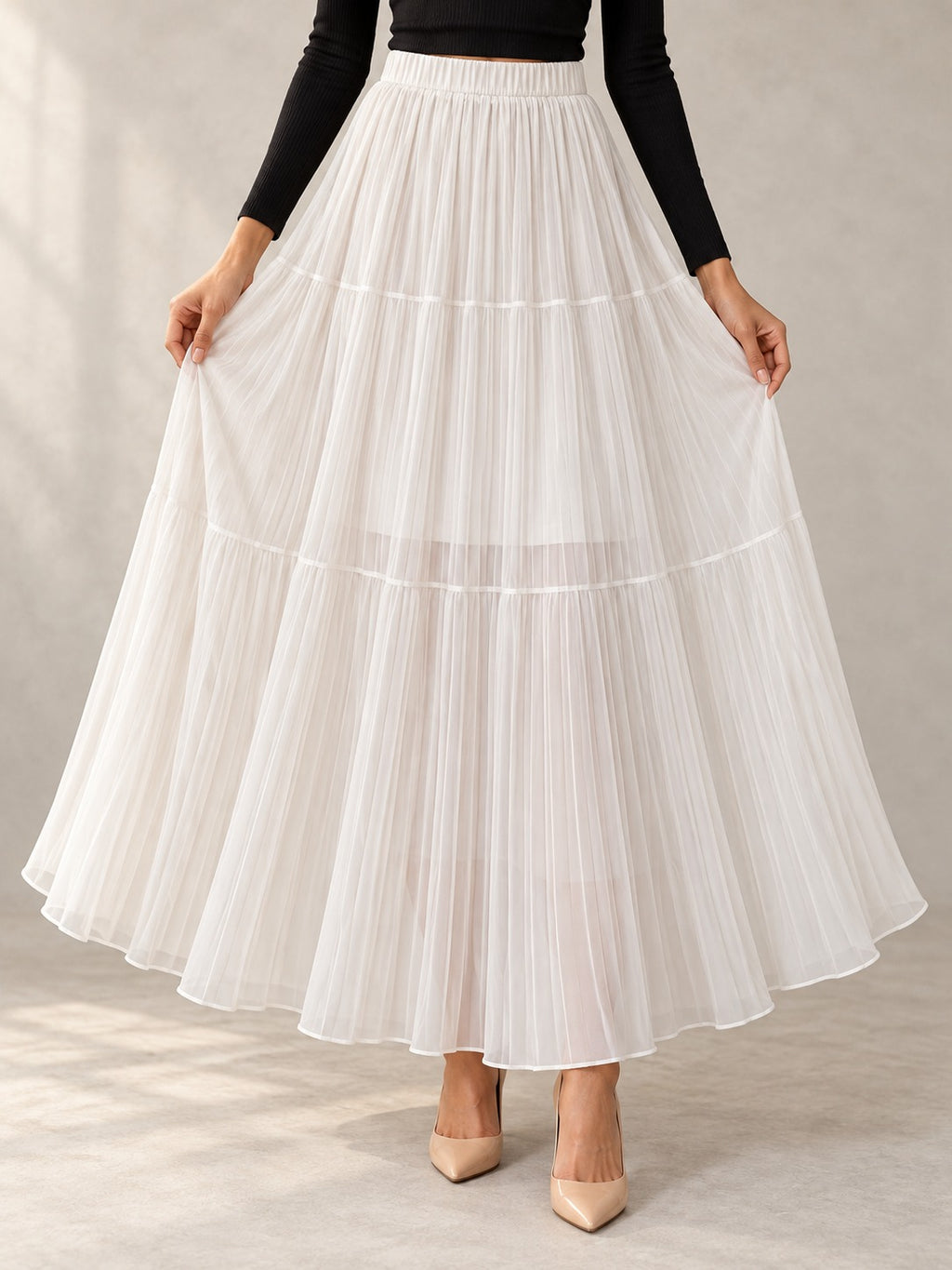 Sequin Knit Midi Skirt in White, styled on model