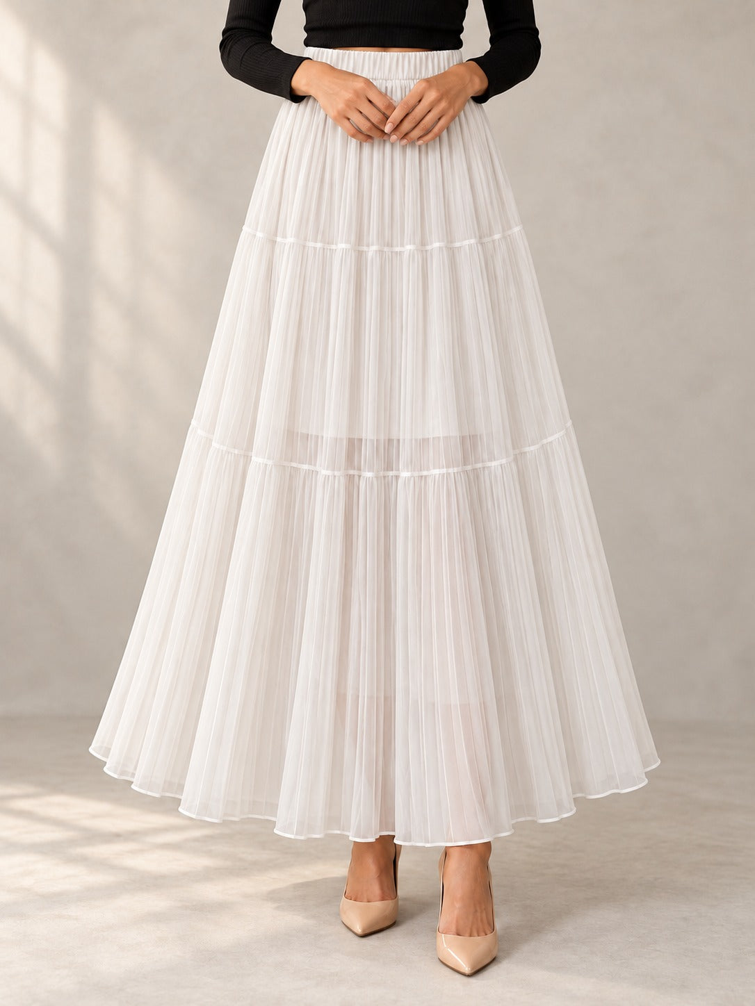 Sequin Knit Midi Skirt in White, front view