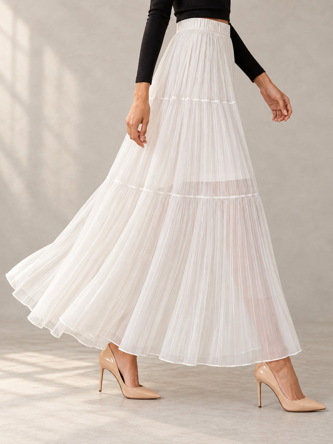 Sequin Knit Midi Skirt in White, side view