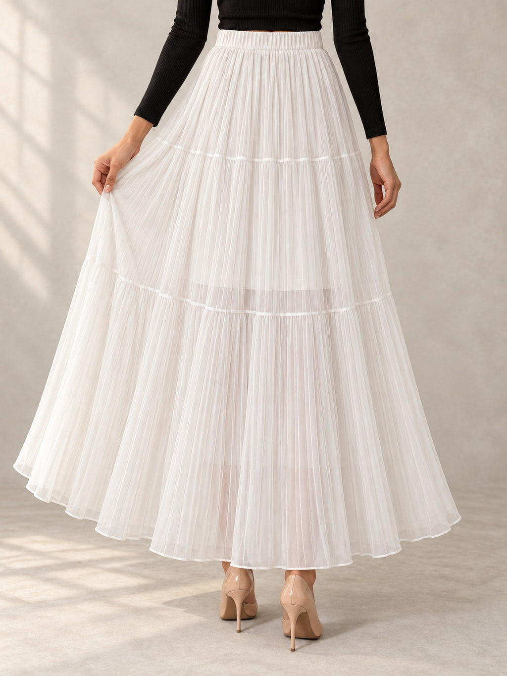 Sequin Knit Midi Skirt in White, back view
