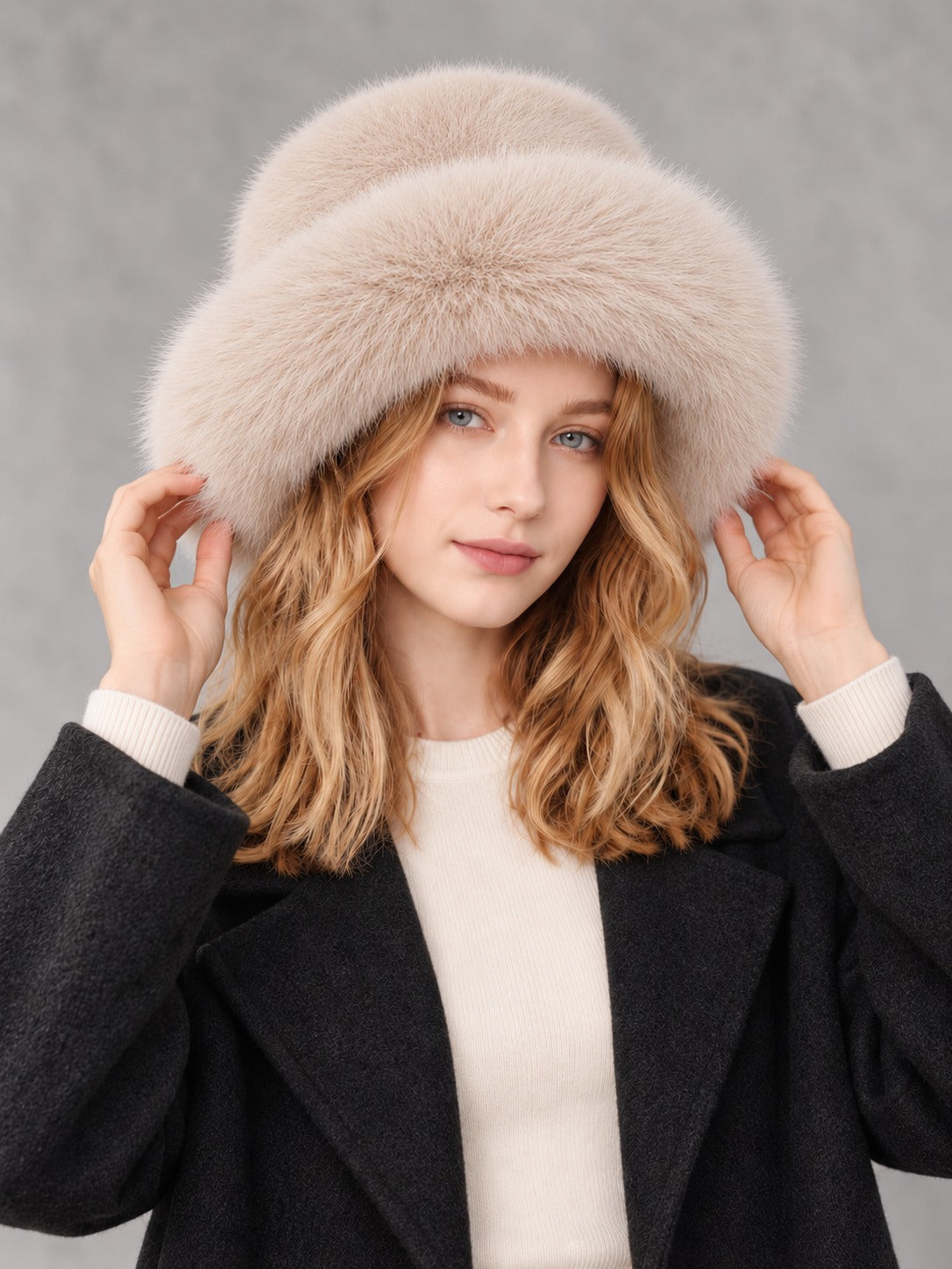 Faux Fur and Knit Bucket Hat in Beige (Faux Fur), styled on model