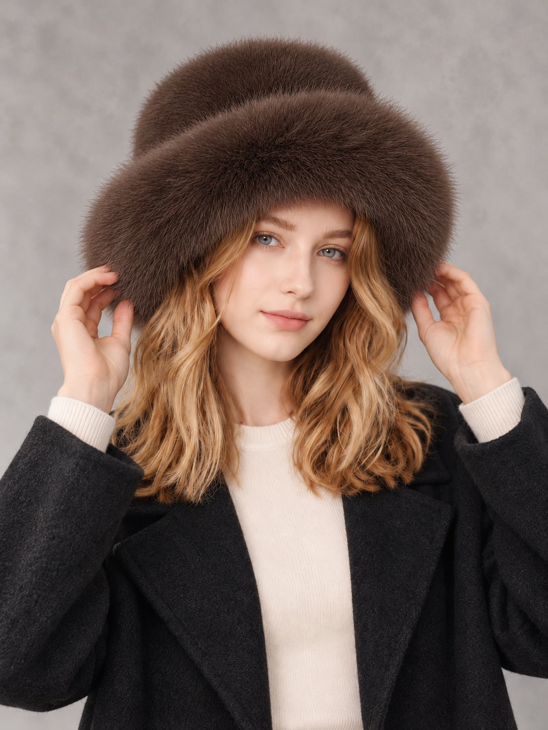Faux Fur and Knit Bucket Hat in Coffee (Faux Fur), styled on model