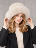 Faux Fur and Knit Bucket Hat in White (Faux Fur), styled on model